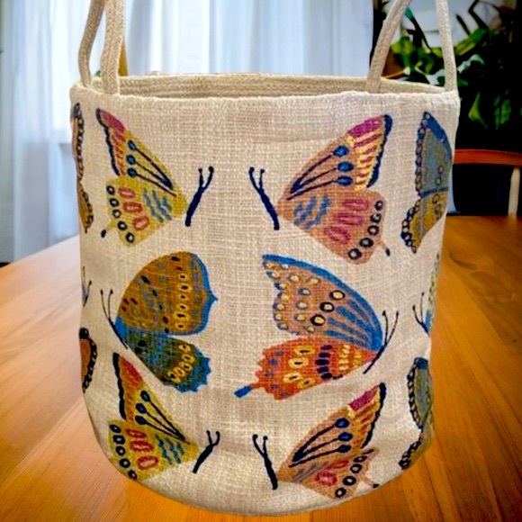 Anthropologie Open Utility Woven Butterfly Handled Basket Tote Ivory Blue New - Picture 3 of 5